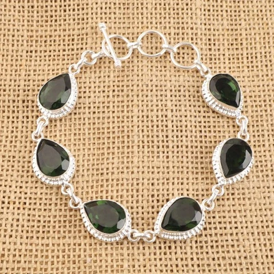 Pear Cut Green Tourmaline Stone Sterling Silver Bezel New Chain Bracelet Jewelry - Image 1 of 4