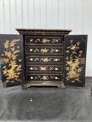Antique 19th Century 1800s Chinese Qing Jewelry Cabinet Gold Gilt Black Lacquer - Image 1 of 4