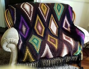 Crochet diamond patterned Throw Blanket Afgan Multi-Colored Fringed 