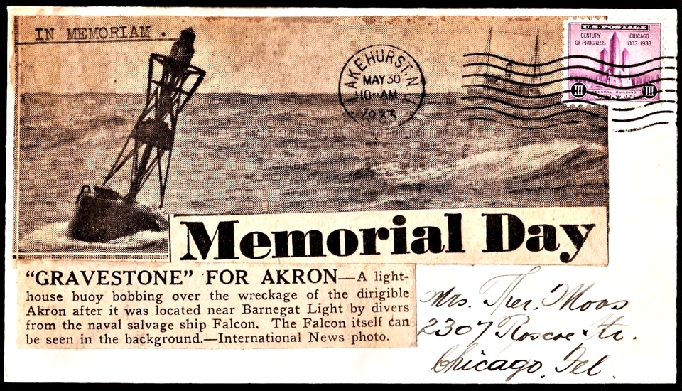 USS AKRON ZRS-4 Naval Zeppelin Memorial Crash Cover Lakehurst May 30 1933 News - Image 1 of 1