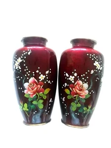 PAIR OF JAPANESE CLOISONNE RED GINBARI ROSE VASES - Picture 1 of 7