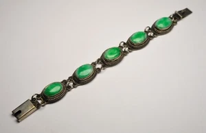CHINESE TIBET TIBETIAN MONK SILVER GREEN JADE BRACELET - Picture 1 of 12
