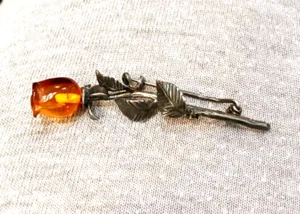 925 Sterling Cognac Amber - Sterling Silver Rose Brooch Pin - Picture 1 of 4