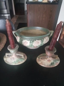 Vintage Original 1920's Roseville DAHLROSE 10" Oval Bowl & 4" Candlesticks Set. - Picture 1 of 9