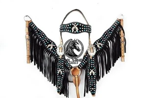 Black Fringe Halter/Headcollar, Breast collar with Embellished Guns and Gems. - Picture 1 of 10