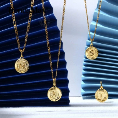 Gold Plated Letter A-Z Pendant Necklace Choker Mens Stainless Steel Figaro Chain - Image 1 of 4