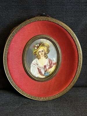 Antique French Brass Frame w/hand painted miniature painting-333e - Image 1 of 4