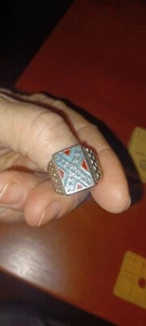Native American style SS Inlaid Crushed Red Coral + Turquoise Ring Size 7.5 - Picture 1 of 10