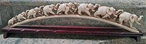 Vtg Family of 8 Elephants Parade on Bridge Carved Resin Sculpture on Wood Bridge - Picture 1 of 7