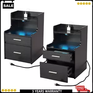 2XNightstand Set of LED Bedside Tables with Charging Station and 2 Drawers - Picture 1 of 12