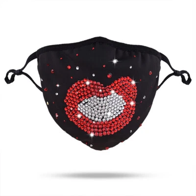 rhinestone red silver lips face mask kiss pucker black lined stretch adjustable - Image 1 of 2