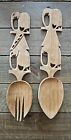Vintage Wooden Salad Fork & Spoon With Hand Carved Elephant Handles +/- 13" long