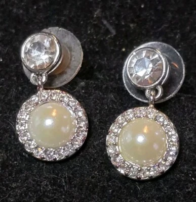 Vtg Givenchy Pierced Earrings Dangle Drop Silvertone Pearl And Rhinestone Stud - Image 1 of 3
