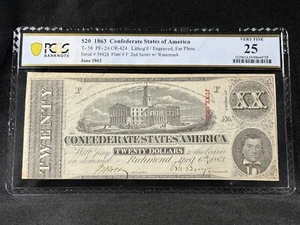 1863 $20 Confederate Sates Twenty T-58 PF-24 CSA Very Fine PCGS Banknote 25 - Picture 1 of 2