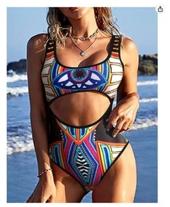 Ekouear Women’s Tribal Swimsuit One Piece Small Size Cut Out Hollow Out Keyhole - Picture 1 of 7