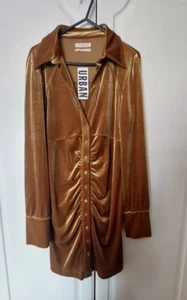 Urban Outfitters Gold Velvet Ruched Front Button Up Stretchy Shirt Dress Medium - Picture 1 of 9