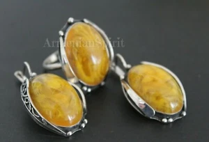 Armenian Spirit amber gemstone Earrings hooked oval Silver 925 women NEW - Picture 1 of 2