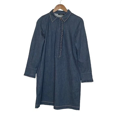 Lafayette 148 Women Denim Shirt Dress Size L Blue Ruffles Western Americana Boho - Image 1 of 4