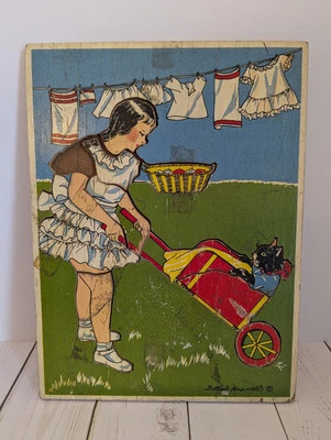Vintage Wood Puzzle Girl With Cat In Wheelbarrow Bettie B Maxwell Missing Piece - Image 1 of 4