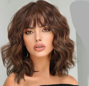 Lativ Brown Highlight Wig Women Short Wavy Curly Bob Wig Bangs 14" Synthetic - Picture 1 of 5