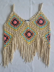 VIVID Womens Crochet Tank Top Fringe Granny Square Crop Boho Hippie Festival L - Picture 1 of 9