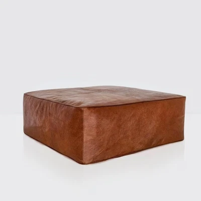 living room ottoman stitiched square ottoman luxury Leather Pouffe Unstuffed - Image 1 of 4