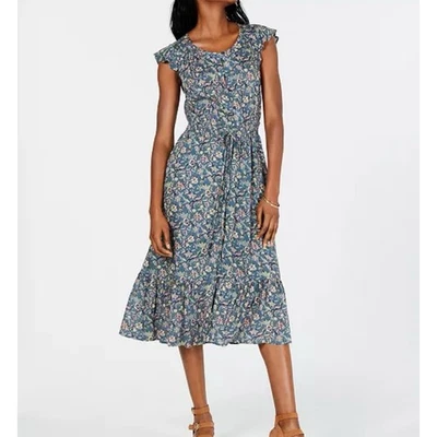 Vestido Lucky Brand Felicia Peasant Midi Azul Floral Botón Delantero Talla XL Foto 1 de 4