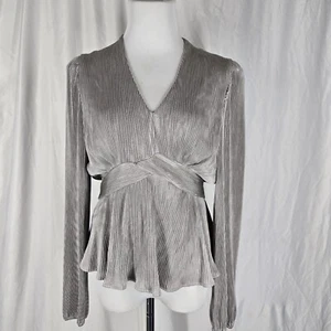 Womens Silver Long Sleeve Peplum Pleated Dressy Blouse - Picture 1 of 6