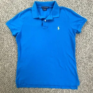 Ralph Lauren Sport Shirt Youth Large Blue Collar Short Sleeve Yellow Pony Cotton - Picture 1 of 10