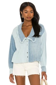Free People Daisy Baby Button Down Long Sleeve Shirt Top Soft Denim Blue Size L