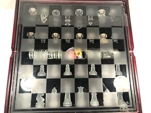 Chess/Checker+ Set Glass Clear & Frosted Glass Pieces Etc. Wood W/ Stand VTG - Picture 1 of 10