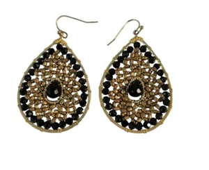 Beaded Teardrop Black And Gold Earrings Hook Closure - Picture 1 of 4