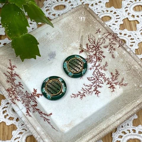 Antique Victorian Buttons Green Fabric Centers Lot of 2 Cover