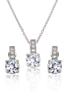 Sparkly Silvery Round Zirconia Pendant Necklace Stud Earrings Set - Picture 1 of 30
