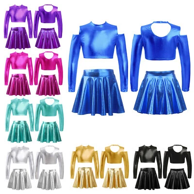 Girls Off Shoulder Jazz Hip Hop Ballet Dance Crop Top with Metallic Skirt Set - Image 1 of 3
