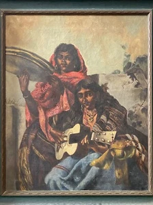 🔥 Antique Old 19th c. Italian Romani Gypsy Girls Musician Portrait Oil Painting - Picture 1 of 24