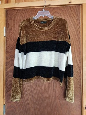 Volcom Sweater Women Medium Bubble Tea Neutral Striped Chenille Super Soft Comfy - Image 1 of 4