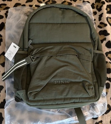 Victorias Secret Pink Backpack Bookbag Quilted Puffer Bag Tote Olive Green New - Image 1 of 4