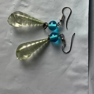 Teardrop Dangle Earrings Blue Beads Clear Faceted Gemstone - Picture 1 of 2