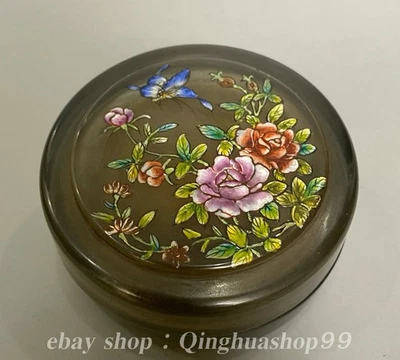 Caja de tapa redonda tallada con patrón de flores de pintura de vidrio chino antiguo de 2,9" Foto 1 de 4
