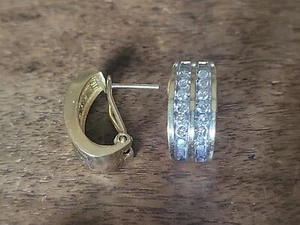 Estate 14K Yellow/ White Gold & Channel Set Diamonds Huggy J Curve Earrings 4.6g - Picture 1 of 8