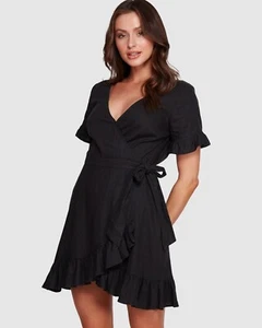 Tigerlily Hana Dress Women Size 6 Black Linen Short Sleeve Ruffle Mini wrap $169 - Picture 1 of 11