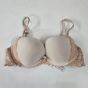 Victoria Secret Women Bra 34C Beige Lace Trim Underwire Dream Angels Push Up - Picture 1 of 10