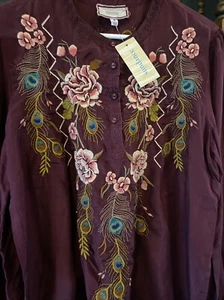 🦚 $295 SUNDANCE CATALOG JOHNNYWAS Bohemian Embroidered Top Med Peacock Blouse - Picture 1 of 16