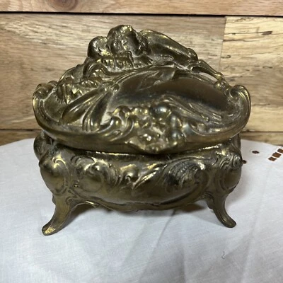 Vintage Art Nouveau Brass Jewelry Casket Glove Box Lined Marked A25 - Image 1 of 4