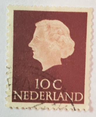 Franqueo de los Países Bajos ~ Reina Juliana ~ Sello marrón 10₵ ~ Cancelado/Publicado ~ 1953-02 Foto 1 de 4