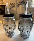 Set of 2 Clear Glass Skull Sippers w/ Lid and Straws Skull Glass Cup