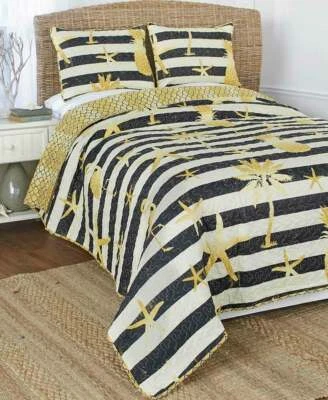 Conjunto de colcha flamingo abacaxi tropical preto e branco estrela do mar náutica colcha dourada - Imagem 1 de 2
