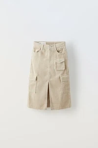 NWT ZARA Girls Cotton Corduroy Cargo Midi Skirt Stone Beige 5854/743 Sz 6 Years - Picture 1 of 3