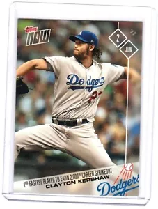 2017.Topps NOW MLB Clayton Kershaw 2nd Fastest Player to Earn 2,000 Ks Card #210 - Picture 1 of 2